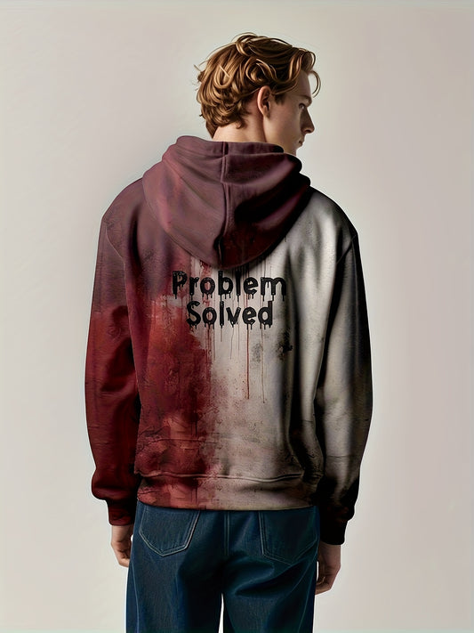 Men'S 3D Halloween Print Hoodie - "Problem Solved" Graphic, Red & Gray, Casual Streetwear with Drawstring Hood, Perfect Gift for Relatives, Siblings, or Friends, Halloween Clothes
