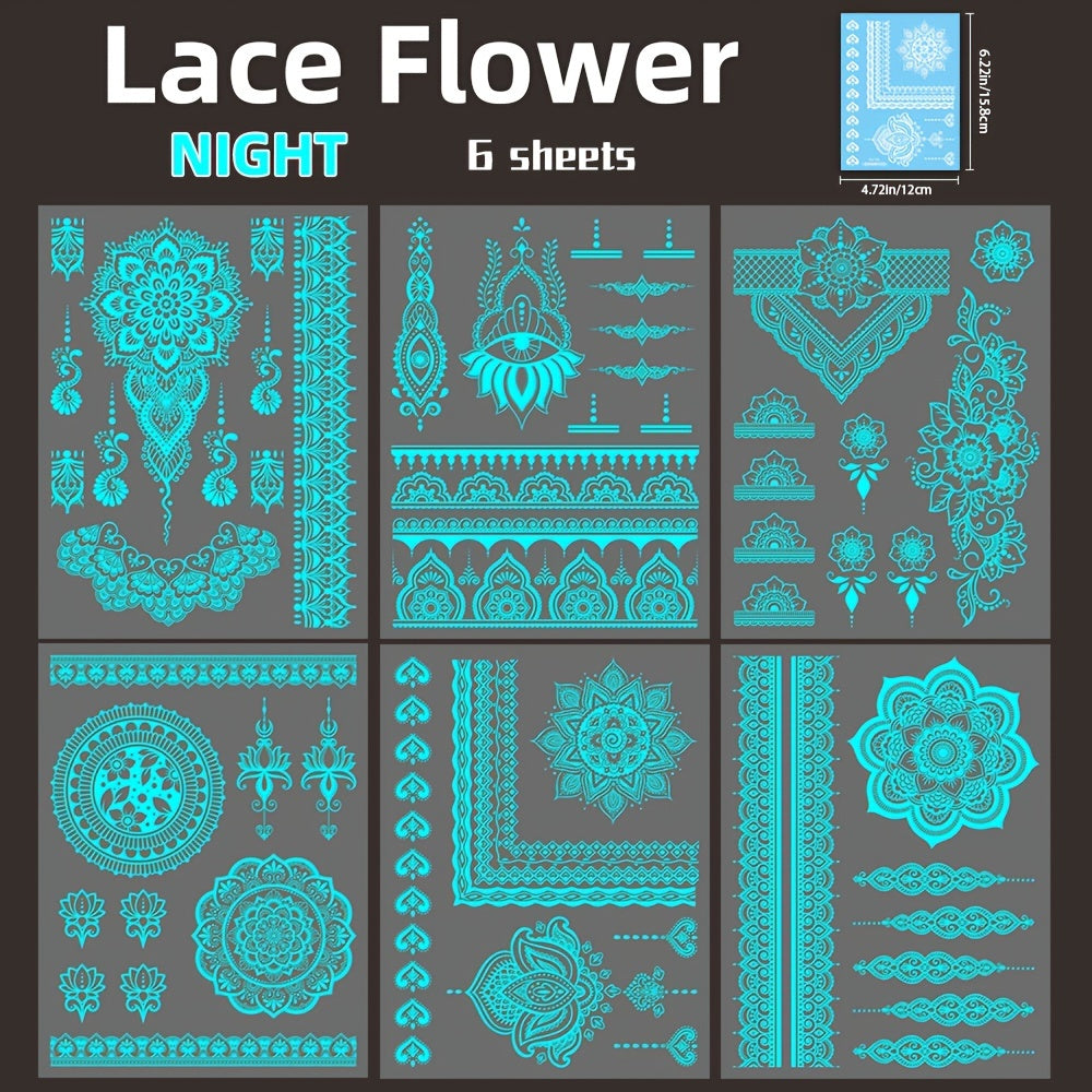 6 Sheets Glow-in-the-Dark Blue Luminous Tattoo Stickers - Tribal White Lace Lotus Mandala Flower Designs, Waterproof Fake Jewelry Pendant Pattern, Perfect for Wedding, Music Festival, Party Supplies and Daily Wear - Easy to A