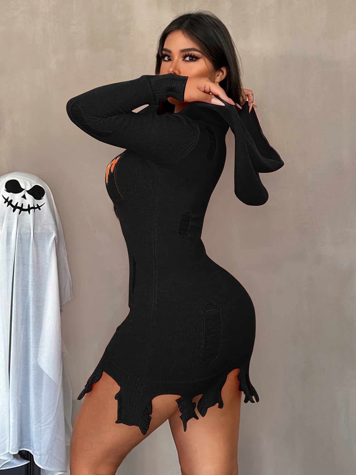 Women's Solid Color Hooded Halloween Dress - Distressed Pumpkin Face Design, Bodycon X-Silhouette, Machine Washable, Vibrant Orange for Halloween Parties & Casual Wear, Halloween Costumes, Festive Attire, Festive Design, Easy