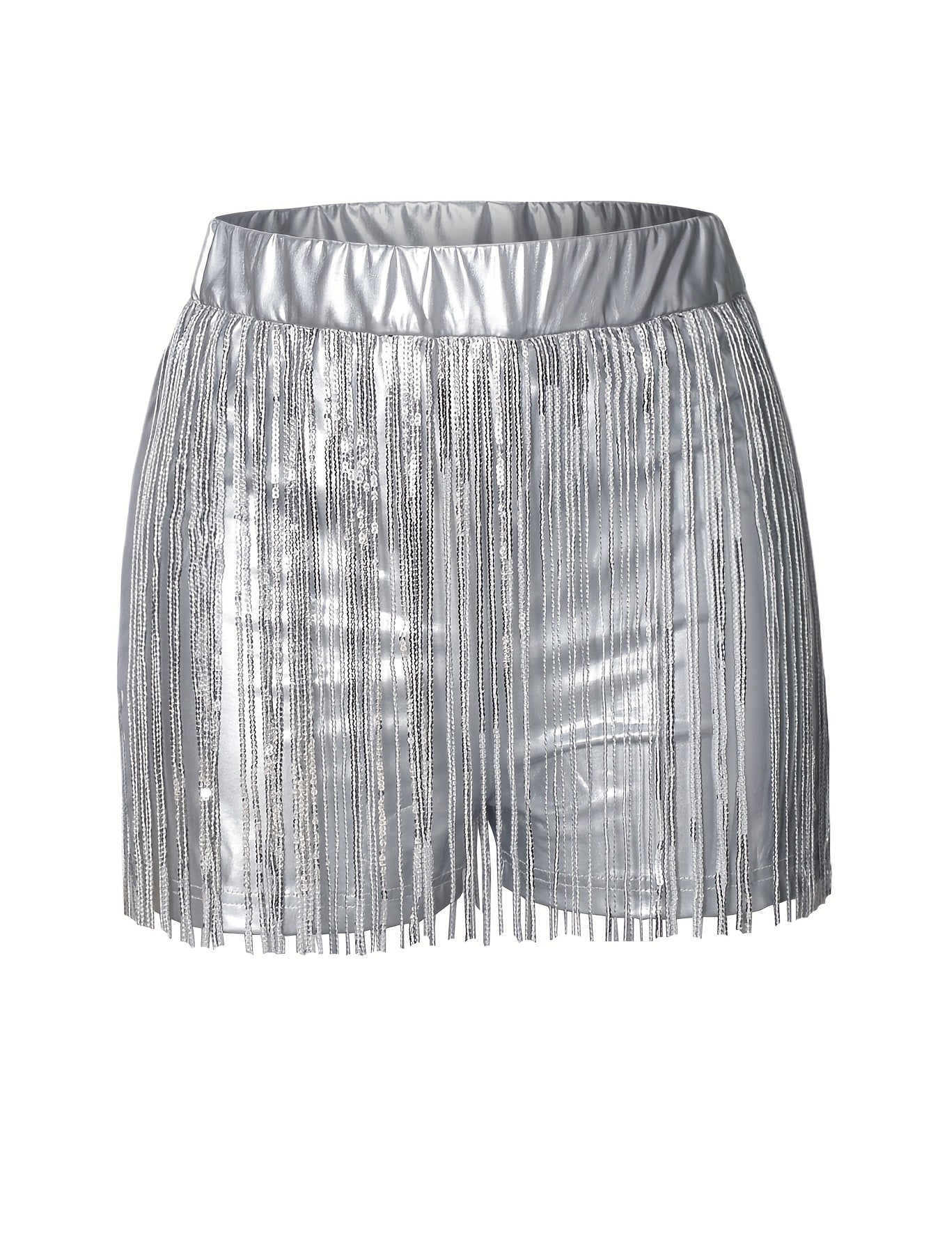 Women'S Elegant Sequin Fringe Shorts - High-Waisted, Glittery Silver, Flowy Design, Perfect for Summer Casual Wear, High Waisted Shorts
