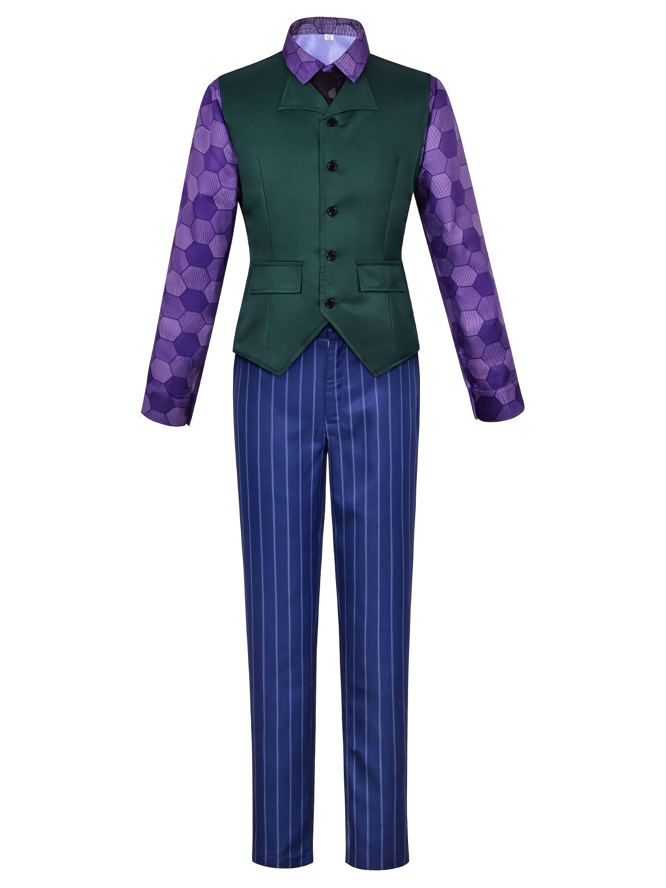 Halloween Men'S Fashion Purple Clown Six-Piece Set, Complete with Meticulously Crafted Scary Party Clown Outfit Including Long Coat, Shirt, Vest, Trousers, Tie, And Gloves.