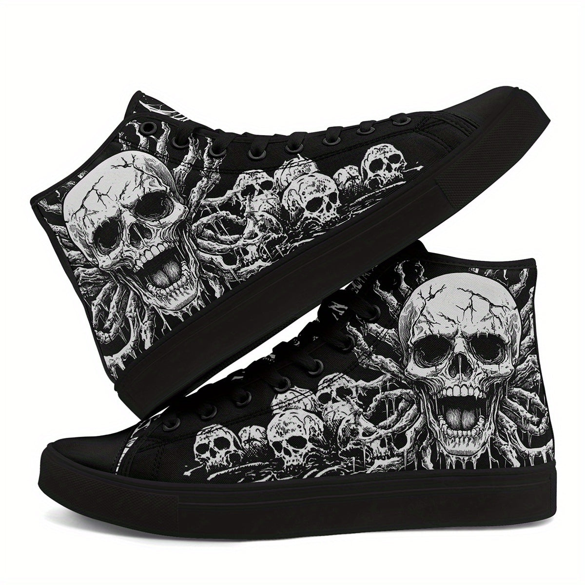 Men'S Plus Size Gothic Punk High-Top Sneakers with Skull Print, Black Casual Shoes for Streetwear & Everyday Comfort, Lace-Up Round Toe Design, Rubber Sole, Fabric Upper, Perfect for Parties, Concerts & Daily Wear, Everyday C