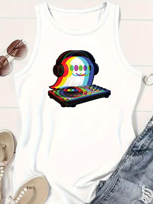 Women's Casual Sleeveless Tank Top with DJ Music Graphic Print - EDM Rave-Inspired Acid House & Psychedelic Pop Design, Stretchy Comfort Fit, Machine Washable for Clubbing, Festivals & Casual Attire, Ladies Tank Tops, Festiva
