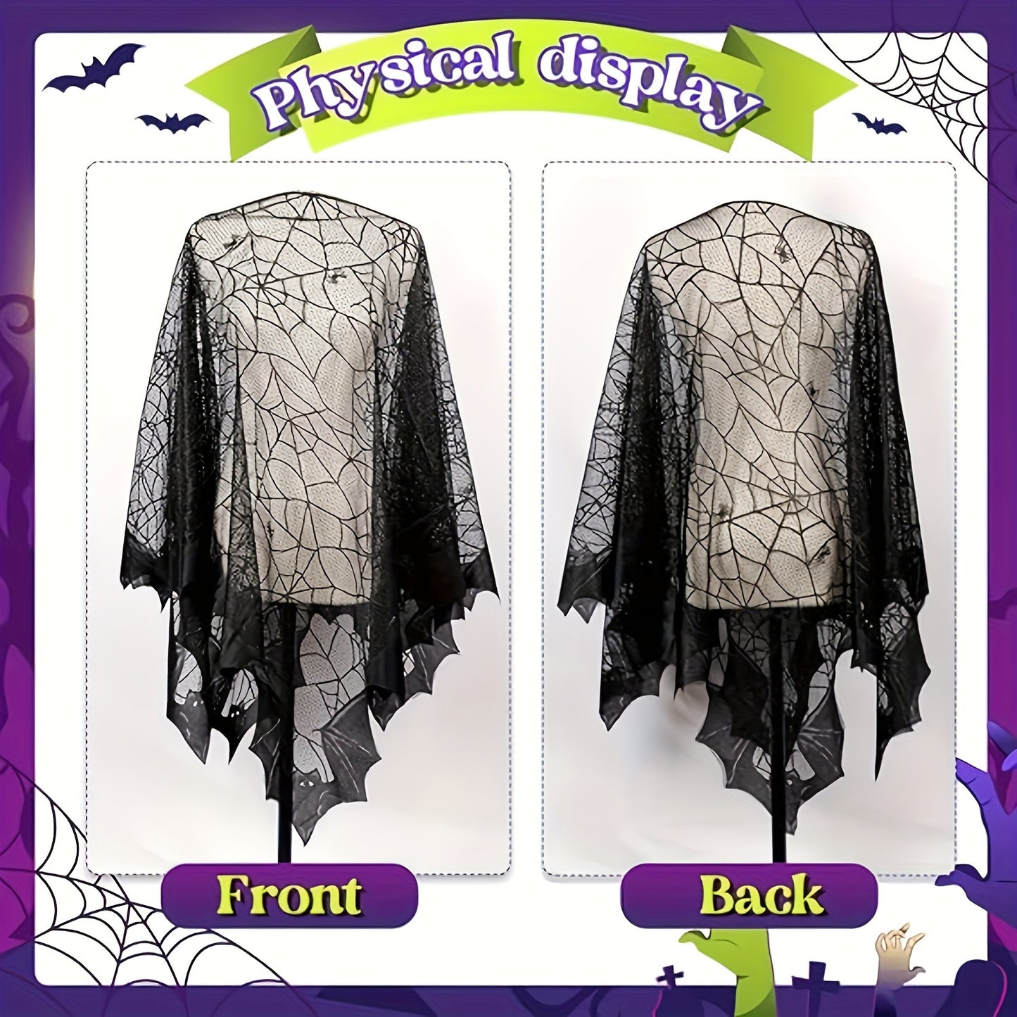 Halloween Bat Wing Shawl Costume - Fabric Spider Web Poncho Cloak for Women - Festive Holiday Party Dress-Up Accessory - No Feathers - Electricity-Free Decoration (Pack of 1)