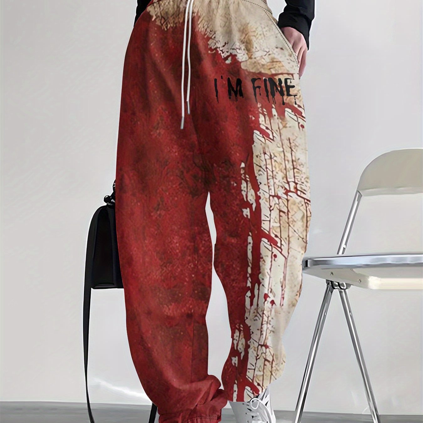 Women's Halloween Horror Blood Splatter Pants - Red & Brown Crime Scene Tape Effect - Drawstring Waist Harem Leg Pants - Machine Washable Polyester Costume Party Outfit for Halloween Parties & Casual Attire - Non-See-Through