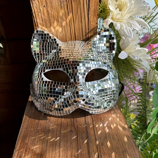 1 Cat Face Mask - Disco Reflective Mask - Elegant, Stylish Mosaic Mirror Mask - Shiny - Nightclub Costume Party Masquerade - Unisex Halloween Mask