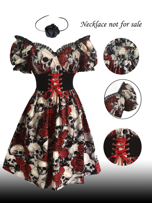 Women's Gothic Y2K Skull & Rose Print Gothic Victorian-Style Dress with Ruffled Hem & Spaghetti Strap - Lace-like Sleeve Neckline, Corset Back Closure, Machine Washable - Elegant Party Outfit for Halloween, Day of the Dead, T