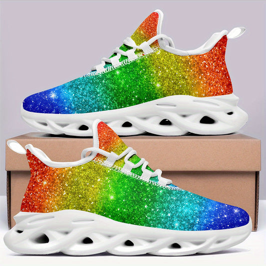 Men's Rainbow Glitter Gradient Sneakers - Lightweight Breathable Mesh Streetwear Shoes with Cushioned EVA Sole, Lace-Up Trainers for Running, Parties, Everyday - Plus Size Available (Green/Blue/Purple/Red/Pink/Teal/Orange/Pur