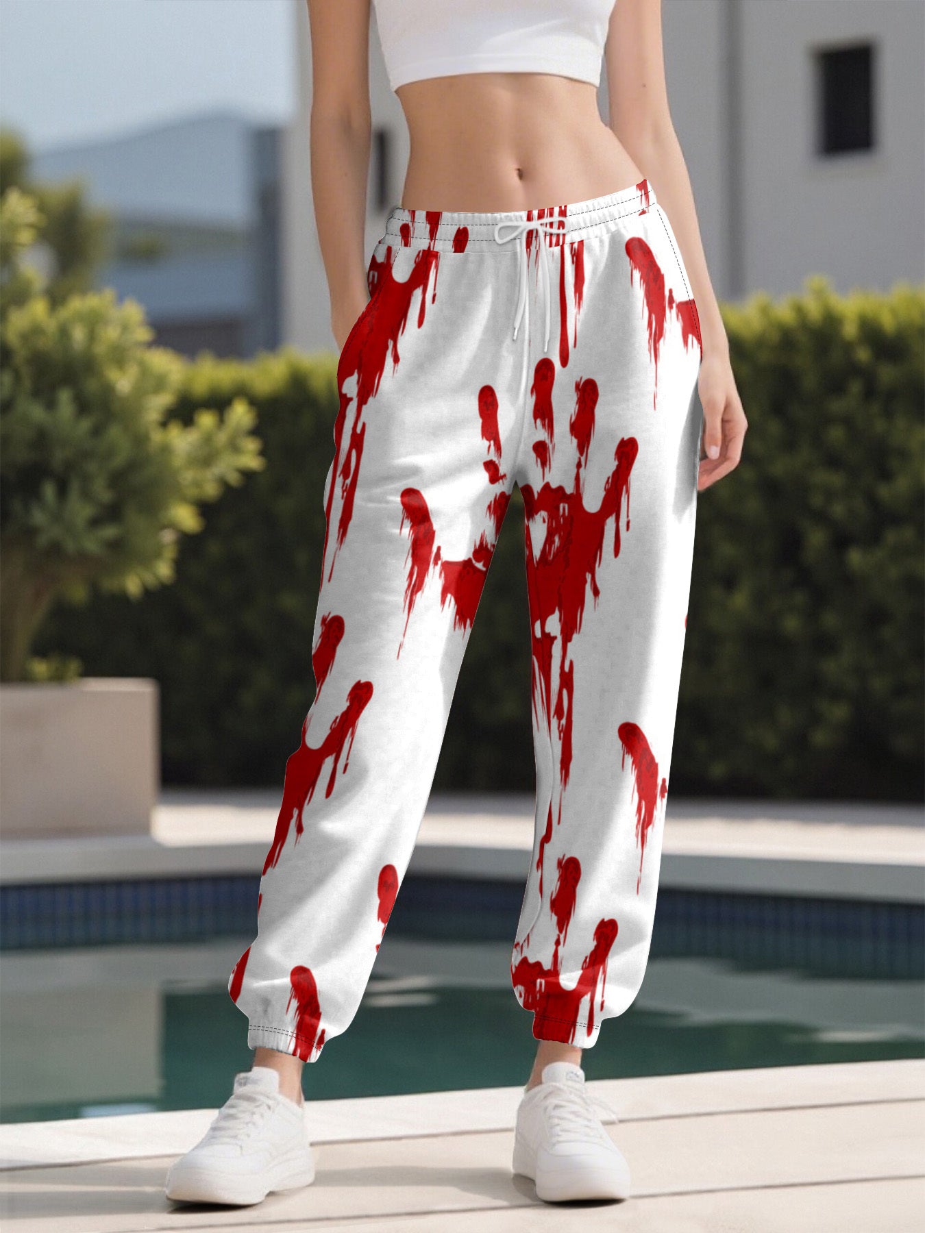 Women's High-Waisted Halloween Blood Splatter Pants - Stretchy Drawstring Waist, Non-See-Through Fabric for Halloween Party Outfits, Everyday Casual Wear - Machine Washable Pants (White with Red Splatter Design), Halloween Cl