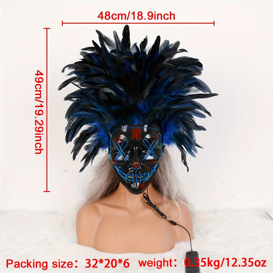 Halloween V-face horror LED luminous mask simulation feather mask EL cold light dress up props party atmosphere supplies
