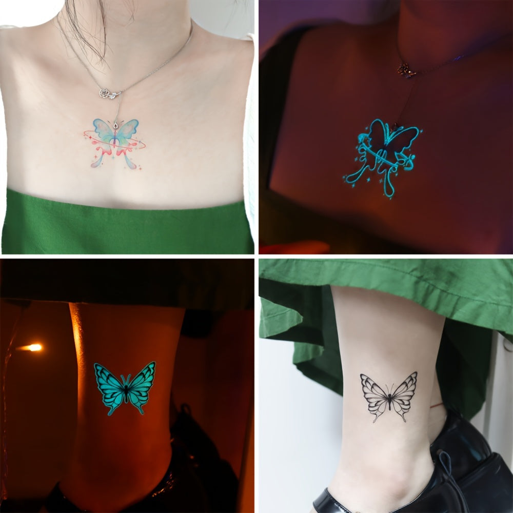 12 Sheets Luminous Glow in the Dark Temporary Tattoos - Waterproof Fake Tattoo Stickers with Butterfly & Floral Designs, Neon Blue Glow for Nightclub, Festival, Party Decoration, Festival Body Art | Mystical Design Elements |