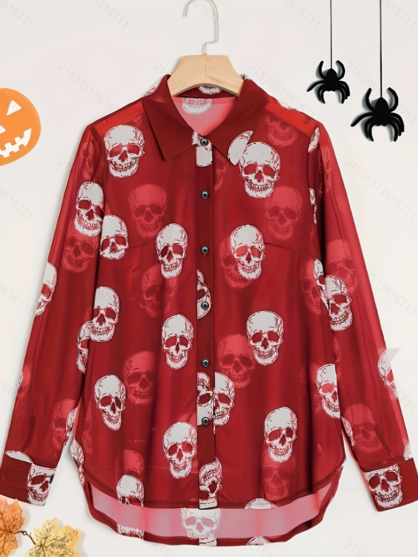 Women'S Elegant Halloween Skull Print Shirt, 100% Polyester Linen Blend, All-Season Lapel Collar, Woven Fabric, 180gsm - Adult Fashion Top