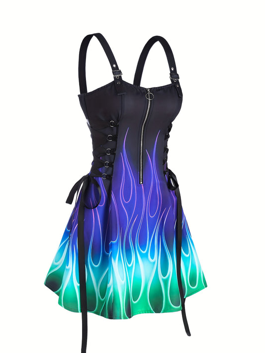 Women'S Flame Print Dress with Zipper Closure and Adjustable Straps, Casual Strapless Design with Lace-up Detail, All-Season Wear, Vibrant Green to Blue Gradient, Allseason Attire | Vibrant Flame Print | Lace-Up Detailing, Se