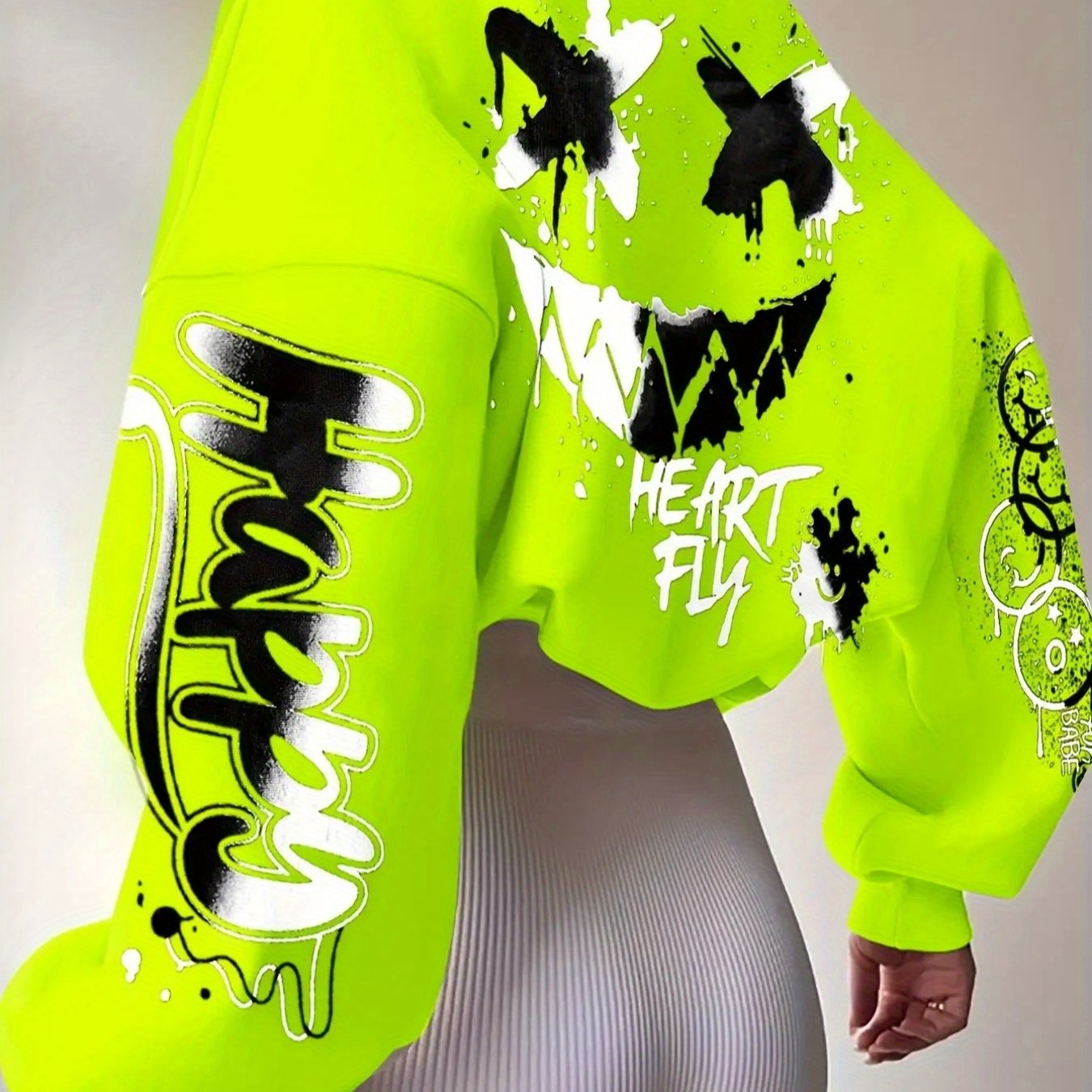 Women's Vibrant Neon Green Graffiti Print Sweatshirt -"HAPPY" & Heart Graphic, Long Sleeve, Lightweight Polyester Blend, Machine Washable, Style A4009YE197-6