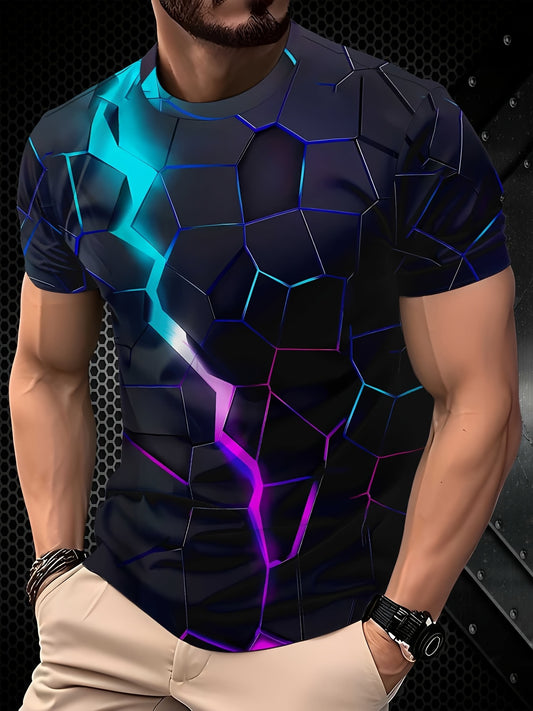 Men's Lightning Effect T-Shirt - Neon Blue & Pink Electric Graphic Tee, Lightweight Polyester Blend Crew Neck Shirt for Parties, Everyday & Themed Events - Machine Washable Retro Futuristic Top, Party Attire, Summer Clothing,