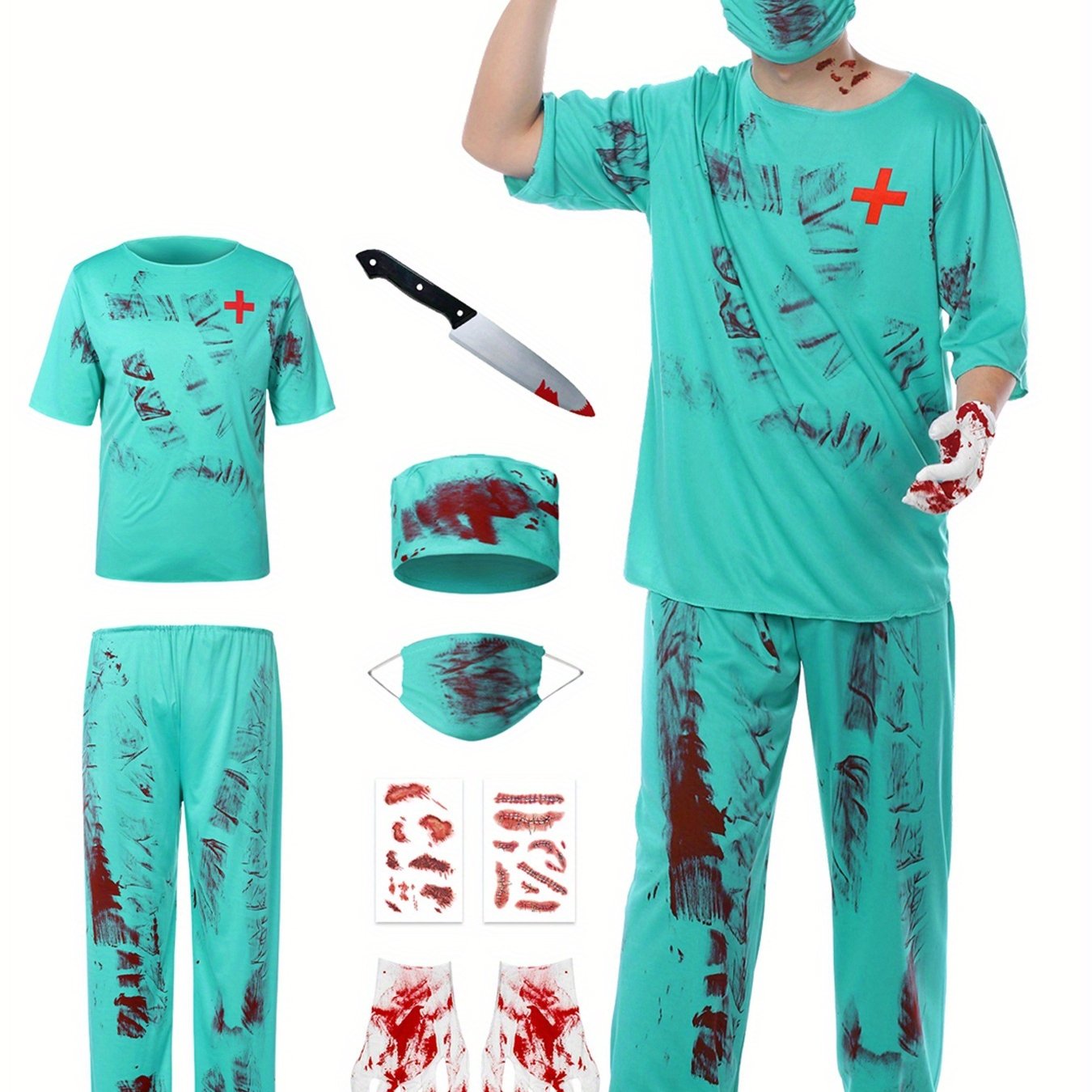 Adults Zombie Surgeon Costume, Unisex Adults Halloween Bloody Surgeon Scrubs, Fancy Dress Costume, Themed Party Wear, Party Outfit, Creepy Scrubs, Horror Medical Attire, Machine Washable, Durable Fabric, Medical Scrubs, Fake