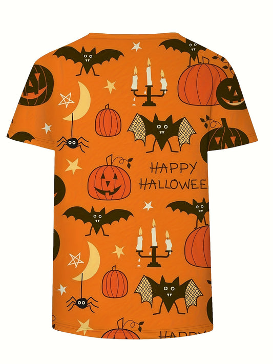 Women's Halloween Graphic T-Shirt - 3D Digital Print Spooky Pumpkin Bat Design, Casual Short Sleeve Round Neck Summer Top, Machine Washable Regular Fit for Halloween Party & Casual Attire, Festive Event Clothing, Durable Prin