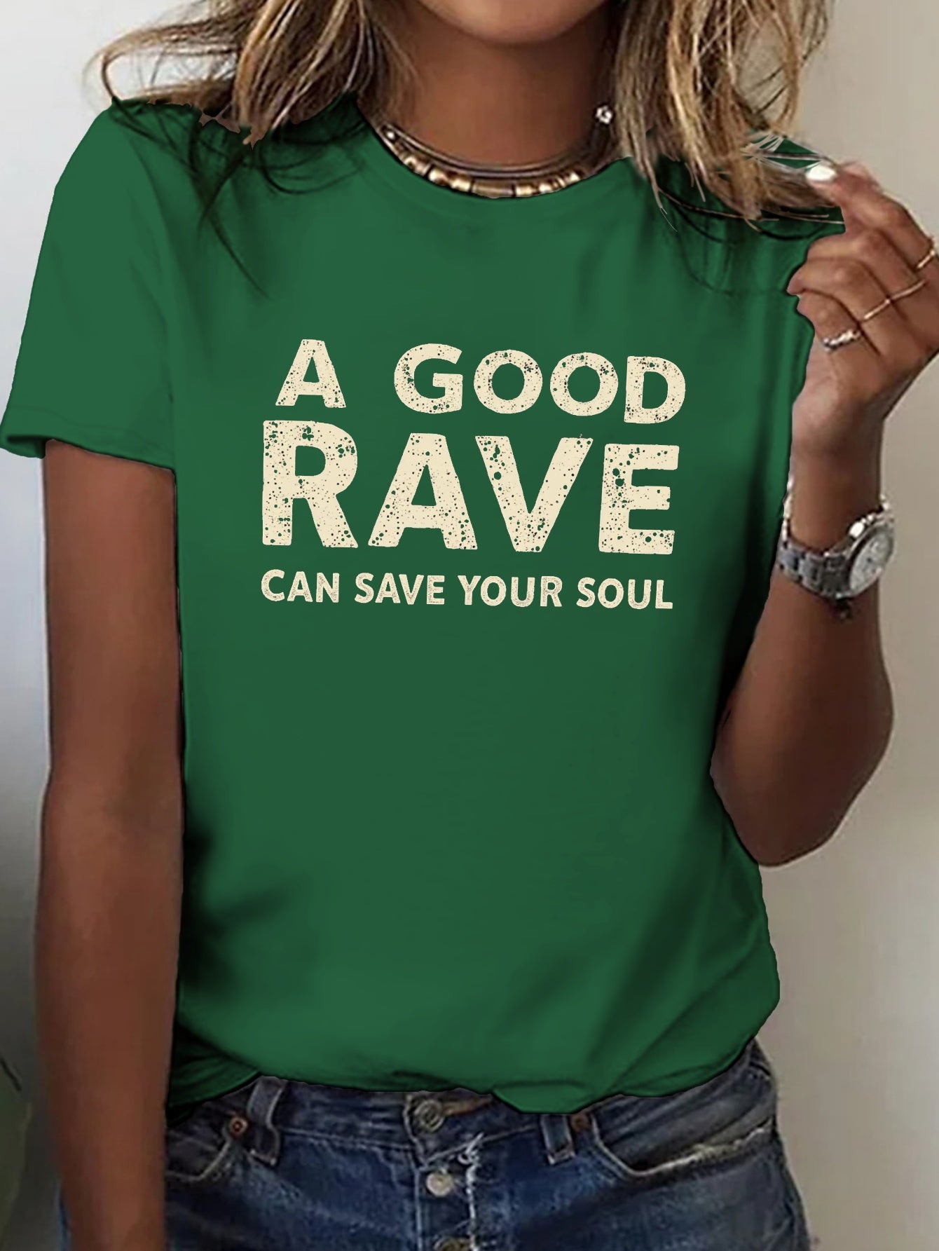 Women's "A GOOD RAVE CAN SAVE YOUR SOUL" Graphic T-Shirt - Black with White Text, Short Sleeve Crew Neck Casual Top, Medium Stretch, Machine Washable, All-Season Comfort, Everyday Outfit, Trendy Top, Easy Care, Printed Shirt,