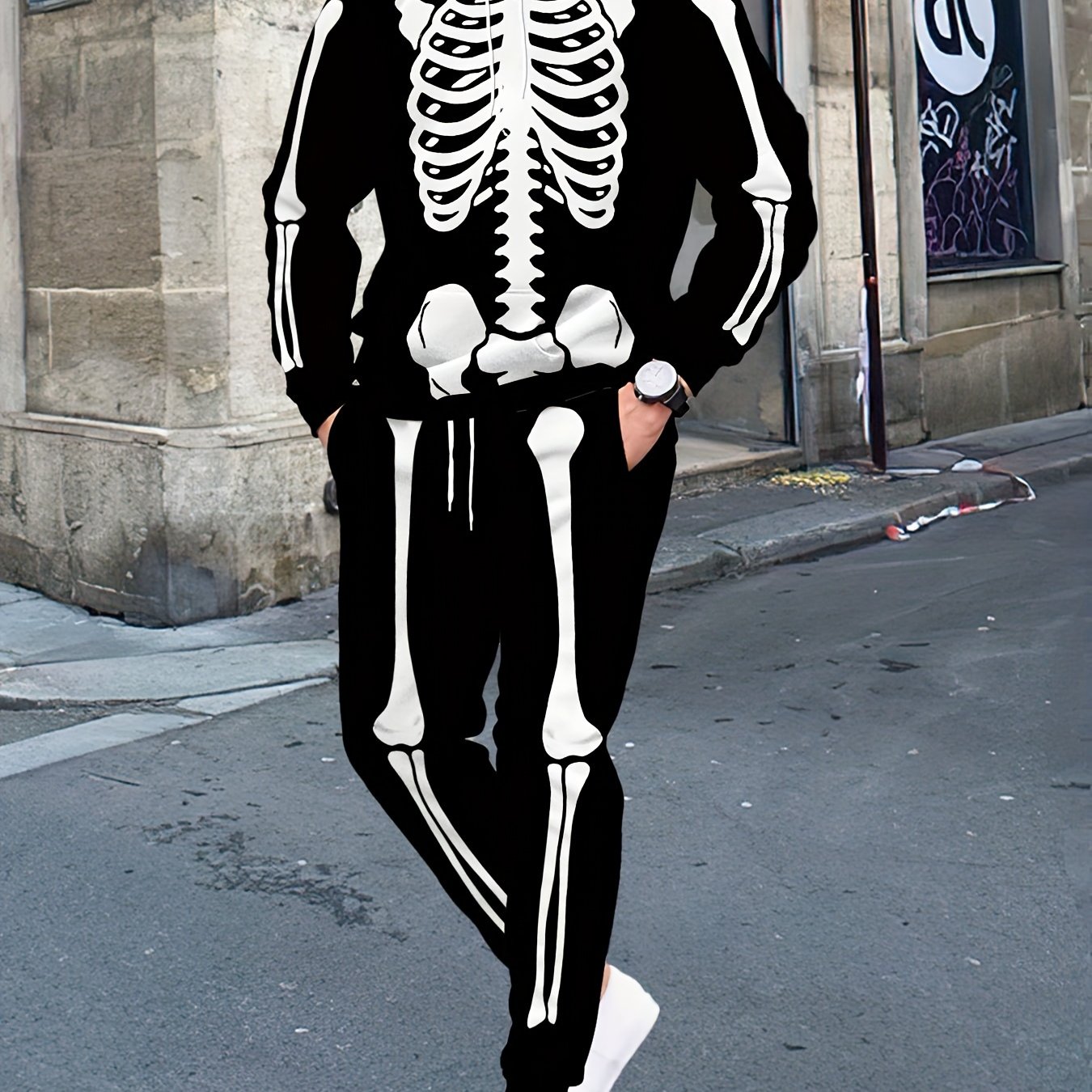 Kebisi Men's 2pcs Halloween Skull Print Casual Hoodie and Sweatpants Autumn and Winter Comfortable Streetwear as a Gift