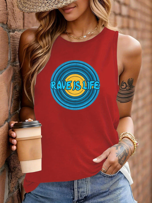 Rave Is Life Women's Sleeveless Vest - Vibrant Red Geometric Circular Design, Casual Round Neck, Machine Washable All-Season Wear for Festivals, Parties & Everyday Outfits, Rave Accessories, Festival Outfit, Bold Graphic, Lig