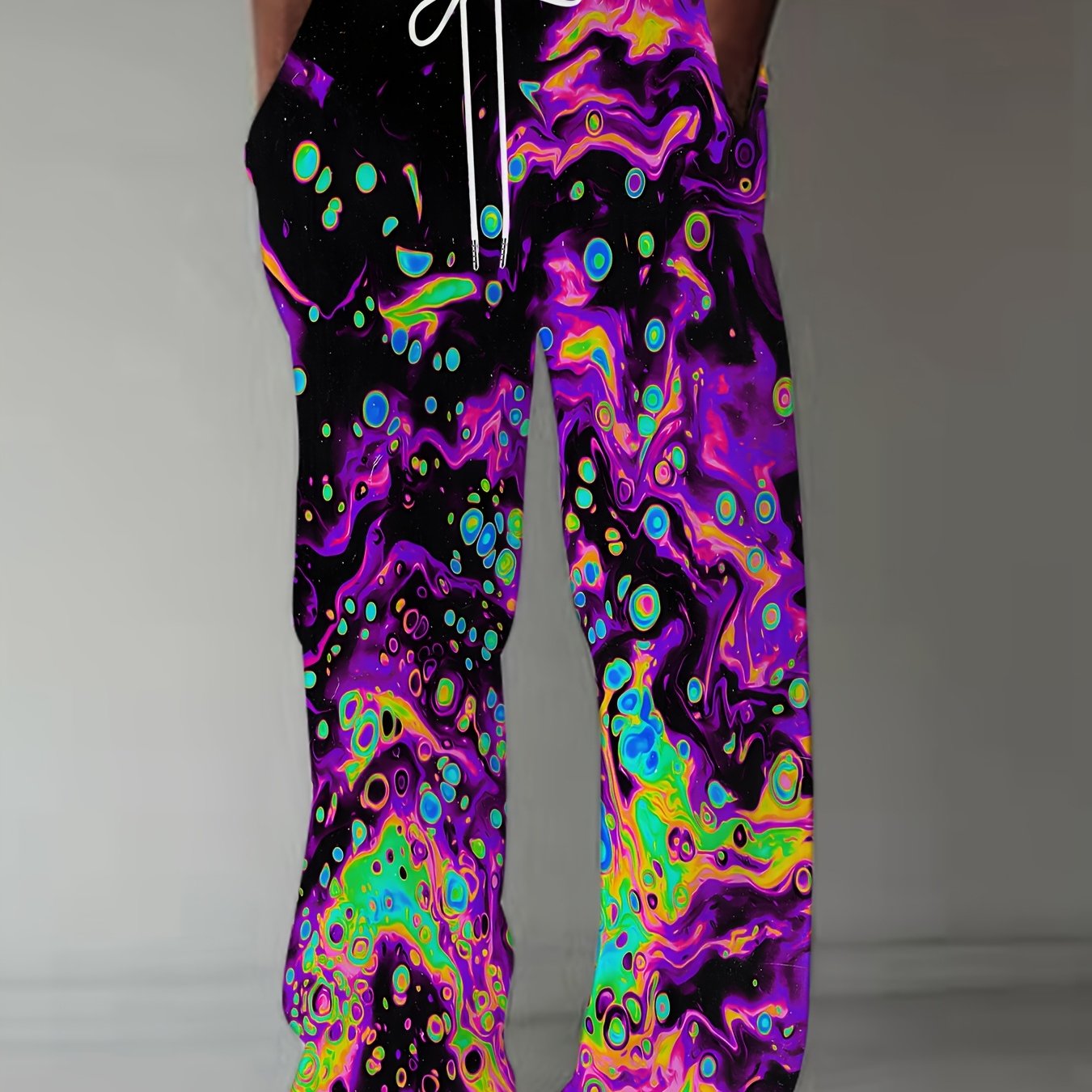 Men's Psychedelic Swirl Print Straight-Leg Pants - Vibrant, Loose Fit with Drawstring Waist | Casual Polyester Trousers for Teens & Adults, Machine Washable