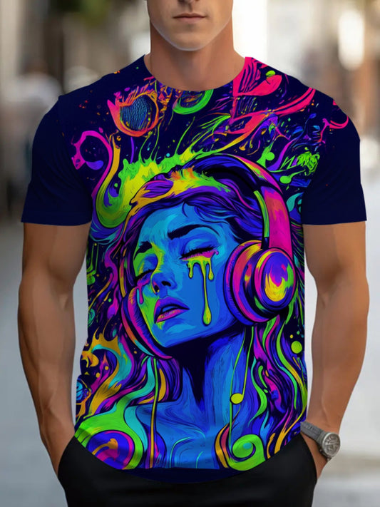 Men'S Vibrant Neon Art T-Shirt - Psychedelic Woman with Headphones Graphic, Colorful Swirl Design, Casual Crew Neck, Perfect for Festivals & Parties, Festival Clothing | Psychedelic Graphic Tee | Stretchy Fabric