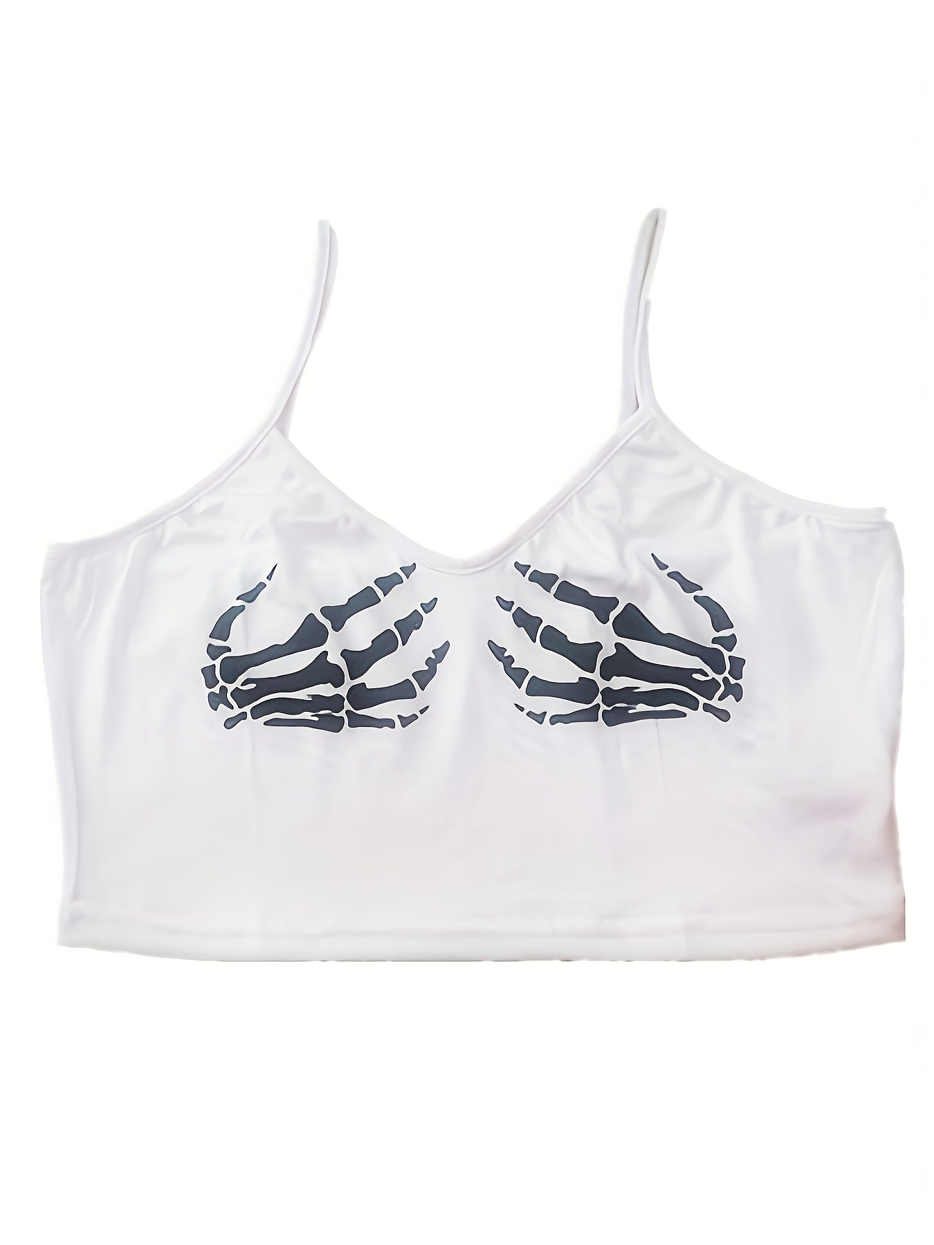 Women'S Sexy V-Neck Slingback Crop Top, Skull Hand Print, Knit Fabric, 95% Polyester 5% Spandex, All-Season, 180g/m², Polyester Knit Fabric, Sizes S-XL