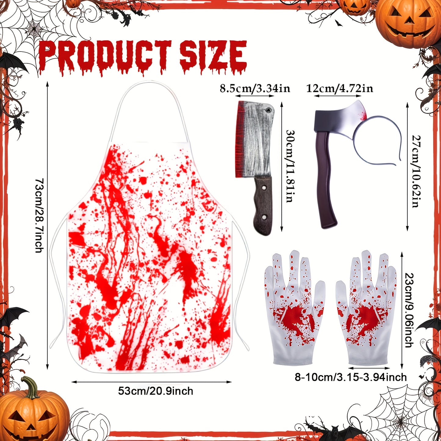 4pcs Bloody Butcher Costume Accessories Set for Men and Women, Including Axe Headband, Apron, Gloves, Fake Cleaver for Scary Party Fright Night and Halloween Party