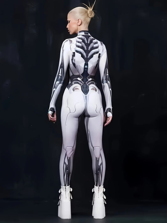 Women's 3D Mechanical Punk Style Robot Skull Print Halloween Jumpsuit Zippered Bodycon Sexy Bodysuit Cosplay Set Elastic Long Sleeve Party Holiday Outfit