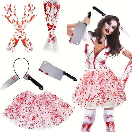 Halloween New Party Decorations Plastic Head-Through Pointed Knife, Bloody Gloves Bloodstain Socks and Gauze Dress Cosplay Makeup Costume Props, Plus Size Halloween Costumes for Women, Women Halloween Costume, Halloween Costu