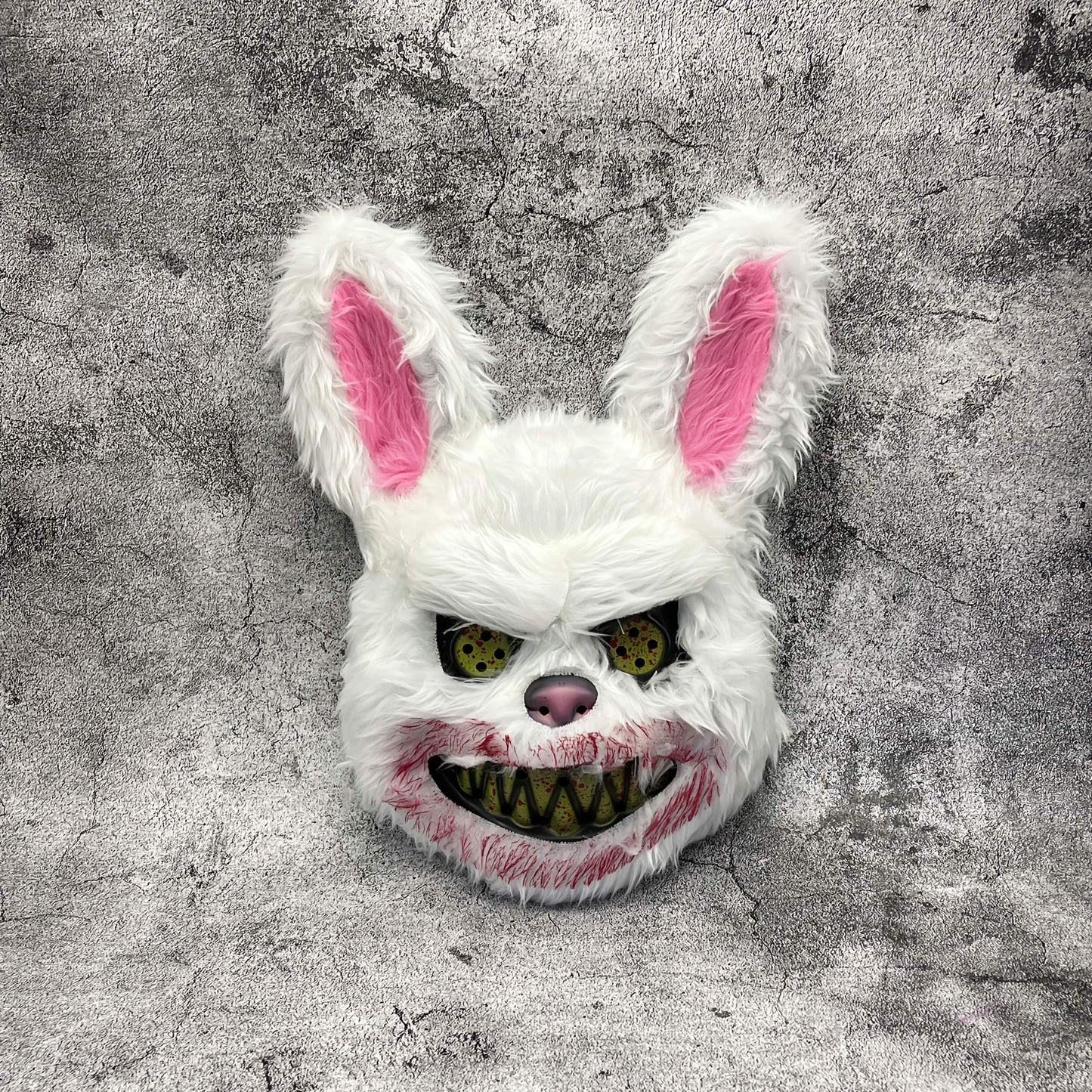 3pcs Horror Costume Set - Blood-Splattered Bunny & Killer Rabbit Mask with Bloody Apron & Gloves - Menacing White Rabbit Costume with Black Eyes & Sharp Teeth - Blood-Drip Design for Adults - Perfect for Halloween, Carnival,