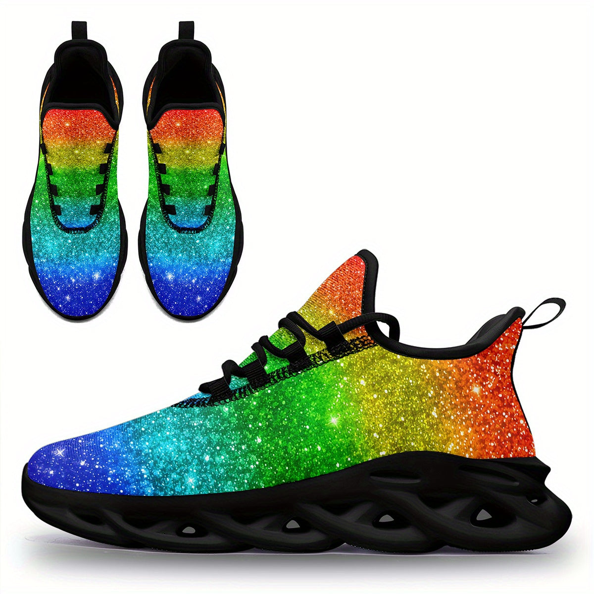 Men's Rainbow Glitter Gradient Sneakers - Lightweight Breathable Mesh Streetwear Shoes with Cushioned EVA Sole, Lace-Up Trainers for Running, Parties, Everyday - Plus Size Available (Green/Blue/Purple/Red/Pink/Teal/Orange/Pur