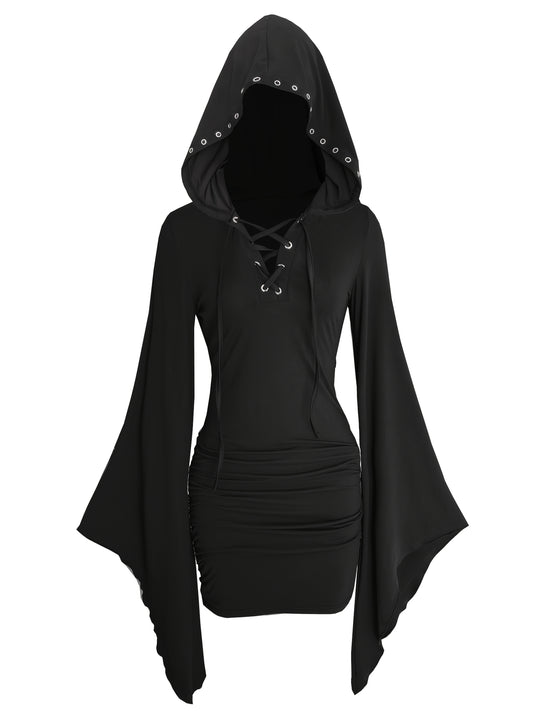 Gothic Women'S Hooded Batwing Sleeve Bodycon Dress with Punk Metal Decorative Hat - V-Neck, Long Sleeve, Knee-Length Halloween Costume for Adults, Black, Halloween Attire | Edgy Fashion | Glossy Finish, Halloween Costumes
