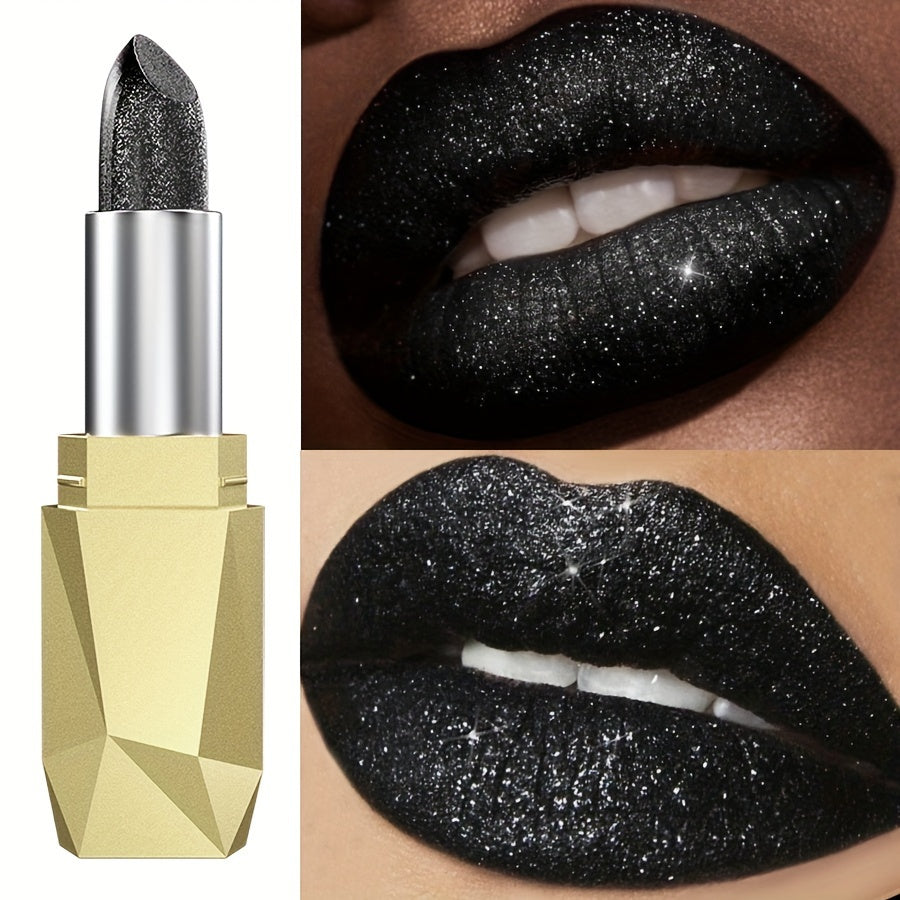 Black Sparkle Long-Lasting Lipstick - Shiny Pearlescent Finish, Moisturizing Paste Form, Universal Skin Compatibility, Lightweight ≤300g Perfect for Halloween & Christmas Gifts