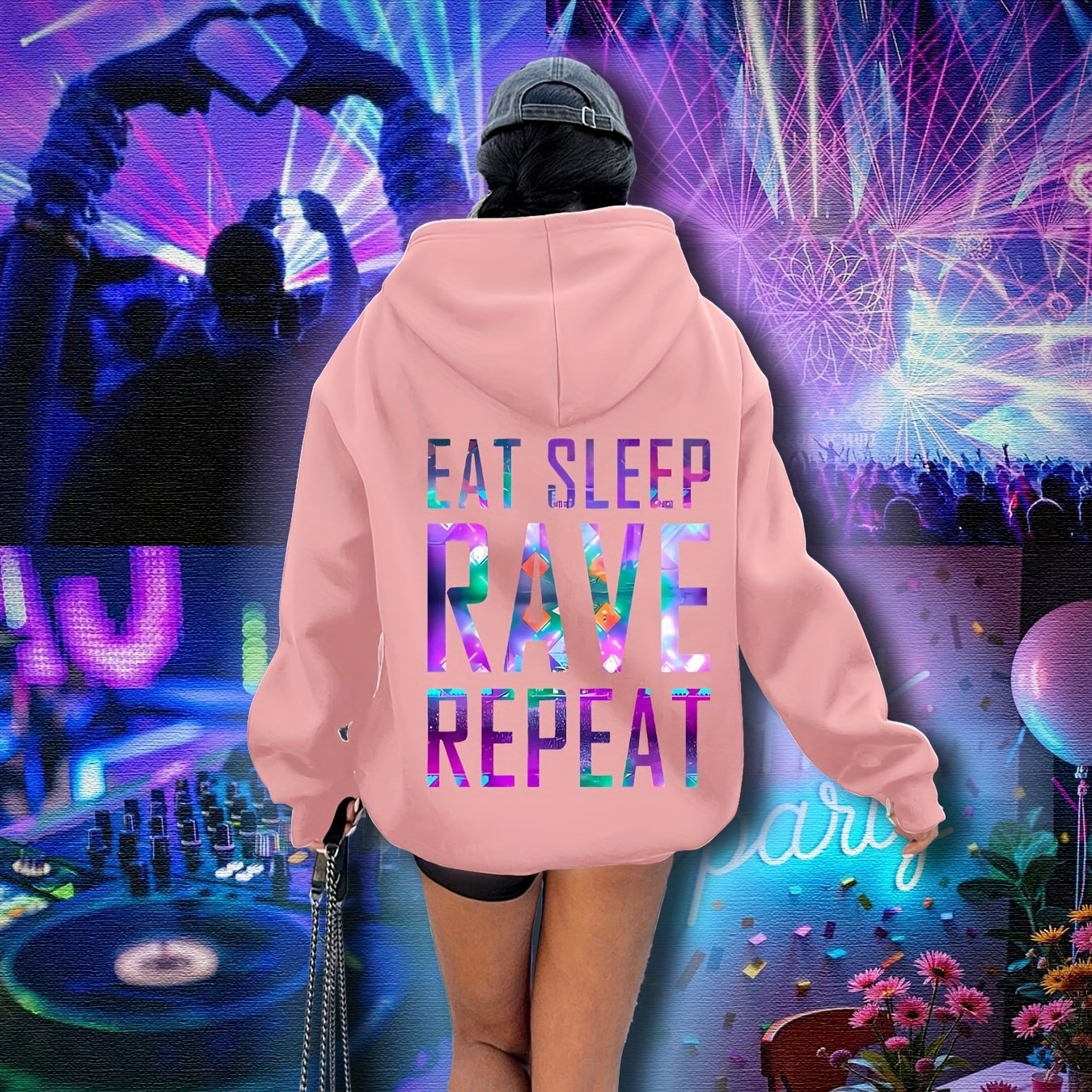 Plus Size, Women's Plus Size "EAT SLEEP RAVE REPEAT" Graphic Hoodie - Music Festival Print with Colorful Lights & DJ Design, Cozy Drawstring Hooded Sweatshirt for Winter & Autumn, Machine Washable Casual Pullover