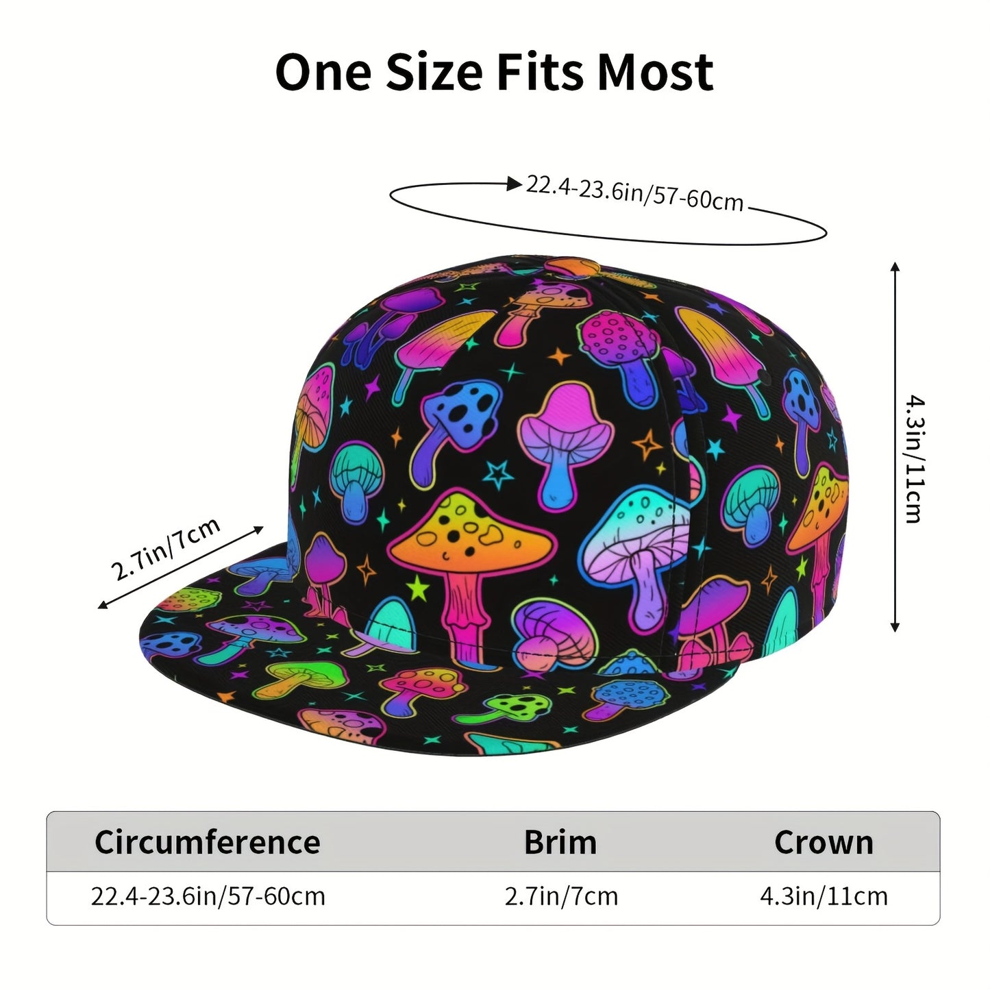 Vibrant Neon Mushroom Snapback Cap - Adjustable Flat Brim Hat, Hip-Hop Street Style, Colorful Design with Glowing Stars & Mushrooms, Perfect Gift for Men, Women, and Teens, Casual Headwear | Playful Design | Lightweight Hat,
