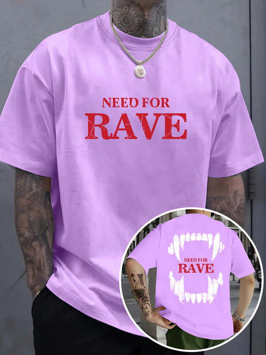 Men's Casual Graphic T-Shirt - "NEED for RAVE" Print, Light Purple, Loose Fit, Breathable Fabric, Street Style Short Sleeve Tee for Summer, Festive Clothing | Bold Print Shirt | Comfortable Wear