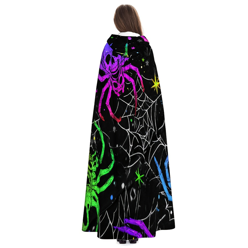 1pc Neon Glow-in-the-Dark Spider Print Witch's Robe - Norse Mythology Costume with Neon Web Design, Unisex Adult Hooded Cloak for Halloween Cosplay, Themed Parties & Costume Events (Hand Wash Only) - Multicolor Neon Colors (G