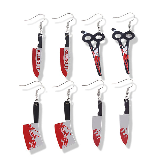 4 Pairs Halloween Blood Red Knife Earrings - Edgy Gothic Piercing looks, Lightweight Acrylic Statement Jewelry for Women, Halloween Party Costume Accessories, Everyday Goth Piercings - Gift for Horror Fans, Halloween Decorati