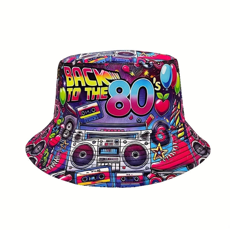 1pc "Back to the 80s" Retro Hip-Hop Bucket Hat - Vibrant Neon & Retro Graphic Design, Lightweight Polyester, Machine Washable, Perfect for Parties, Outdoor Events, and Gifts, Outdoor Headwear | Retro Hip Hop Style | Durable H