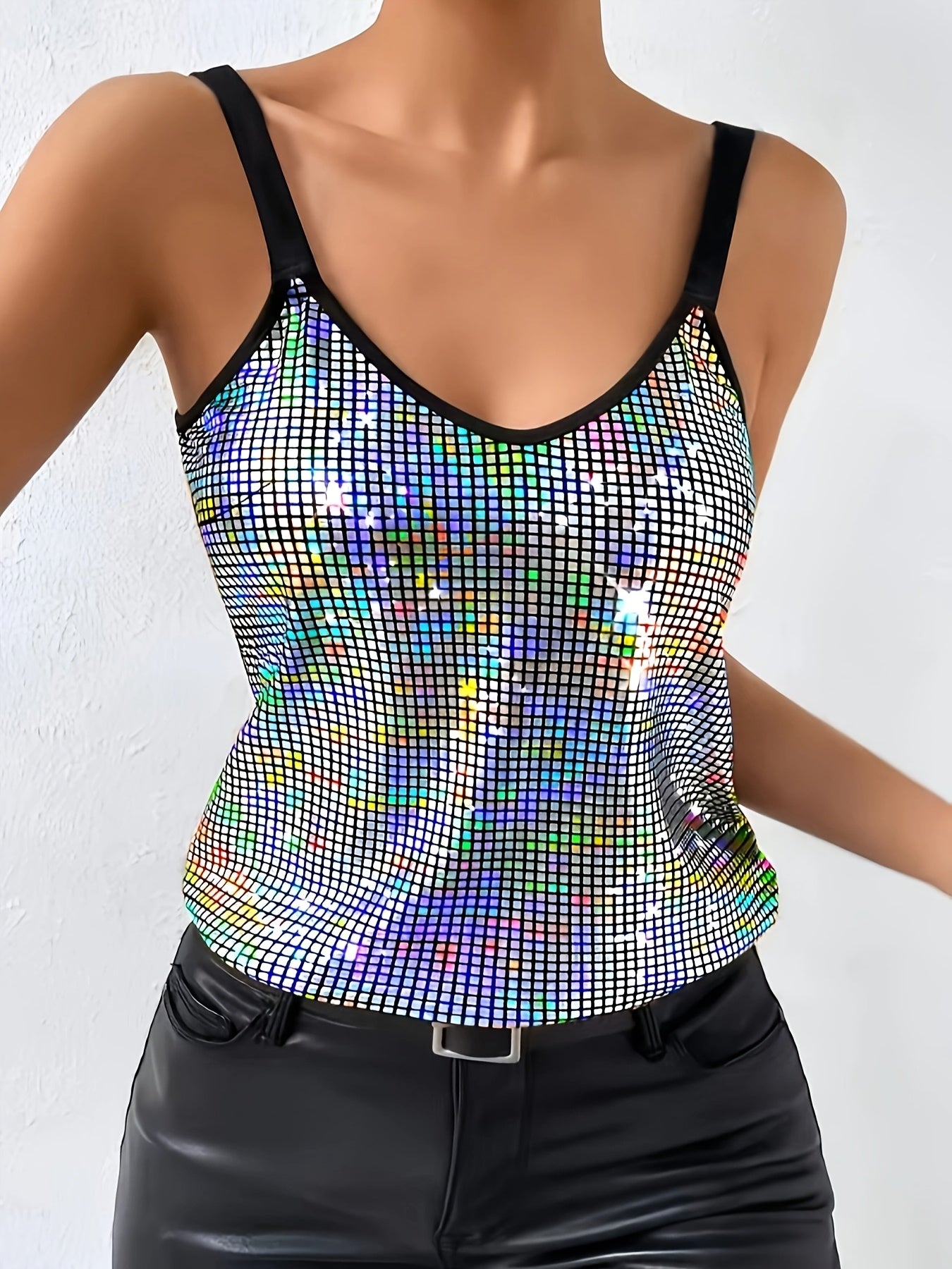 Elegant Golden Sequin V-Neck Sleeveless Tank Top for Women - Grid Pattern Shimmering All-Season Versatile Wear, Machine Washable, Tank Tops for s, Casual Chic, Stylish Blouse, Reflective Material, Trendy Blouse, Party Wear, E
