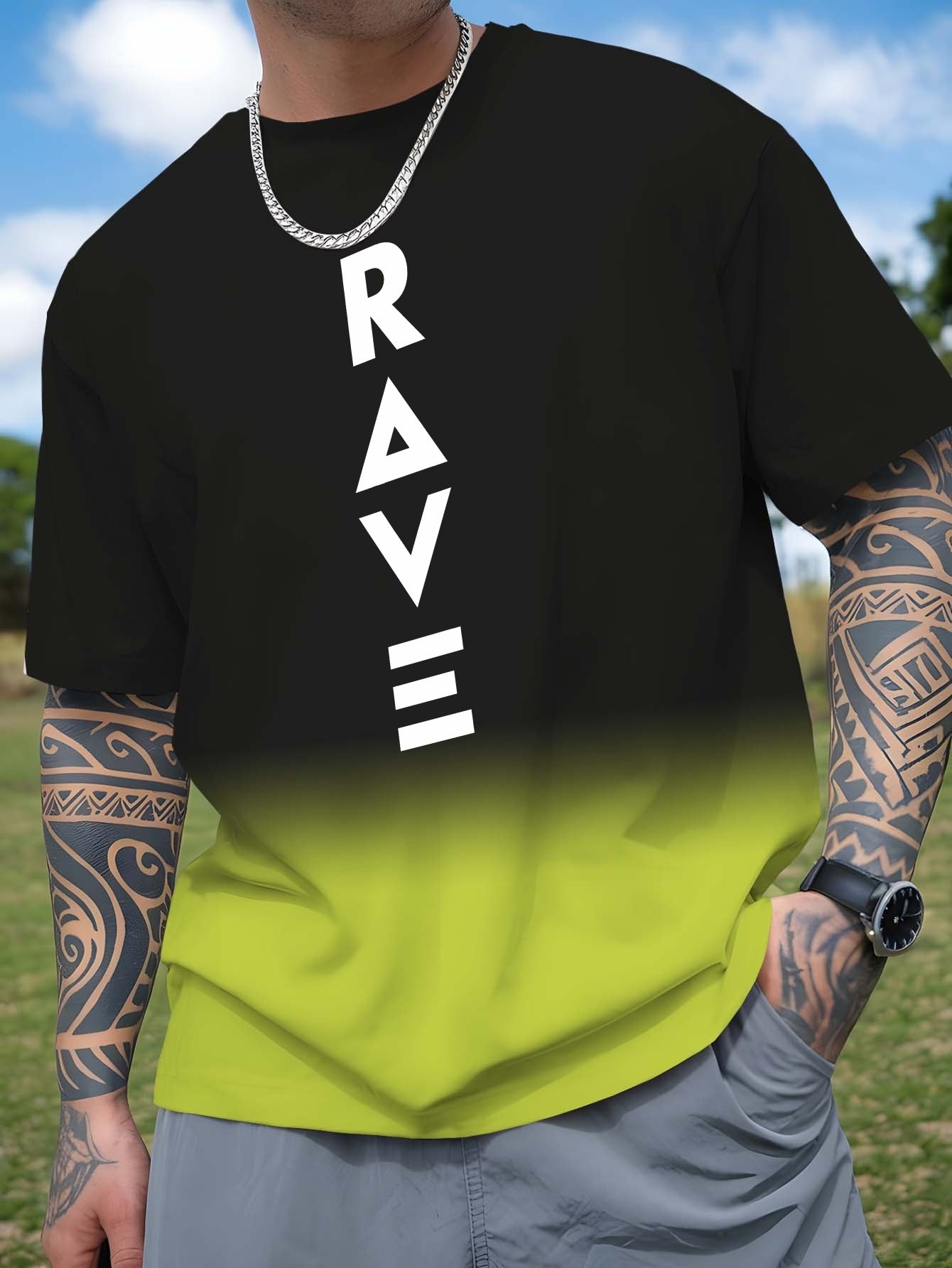 Men's Gradient Rave Graphic T-Shirt - Ice Silky Breathable, Quick-Dry, Round Neck, Short Sleeve, Casual Summer Tee in Vibrant Orange to Black Ombre Design