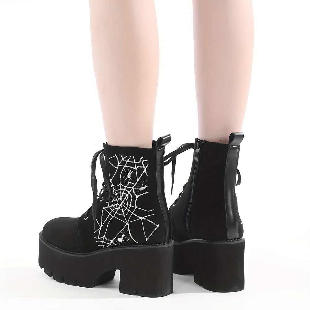 GDGYDH Women's Punk-Style Spiderweb Embroidered Ankle Boots with Chunky Heel, Lace-Up & Side Zipper - Comfortable All-Season Fashion Shoes