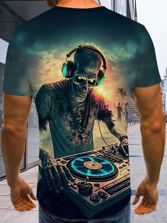 Men's Zombie DJ Graphic T-Shirt - with Glowing Green Eyes, Dark Blue Crew Neck Tee for EDM Clubs, Halloween Parties & Streetwear - Machine Washable Summer Shirt for Music Lovers, Party Outfit, Bold Print, Highquality Print, S
