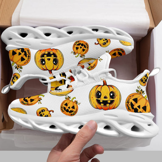 Men'S Halloween Pumpkin Print Casual Sneakers - White Low-Top Lace-Up Trainers with Orange & Black Jack-O'-Lantern Design, Comfortable EVA Sole for Daily Wear & Halloween, PLUS SIZE, Halloween Shoes, Trendy Streetwear, Durabl