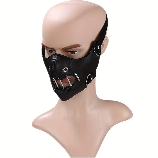 1pc Faux Leather Safety Pin Mask, Unisex Hollow-Out Novelty Face Covering for Halloween Party Costume, Funky Men's Fashion Accessory