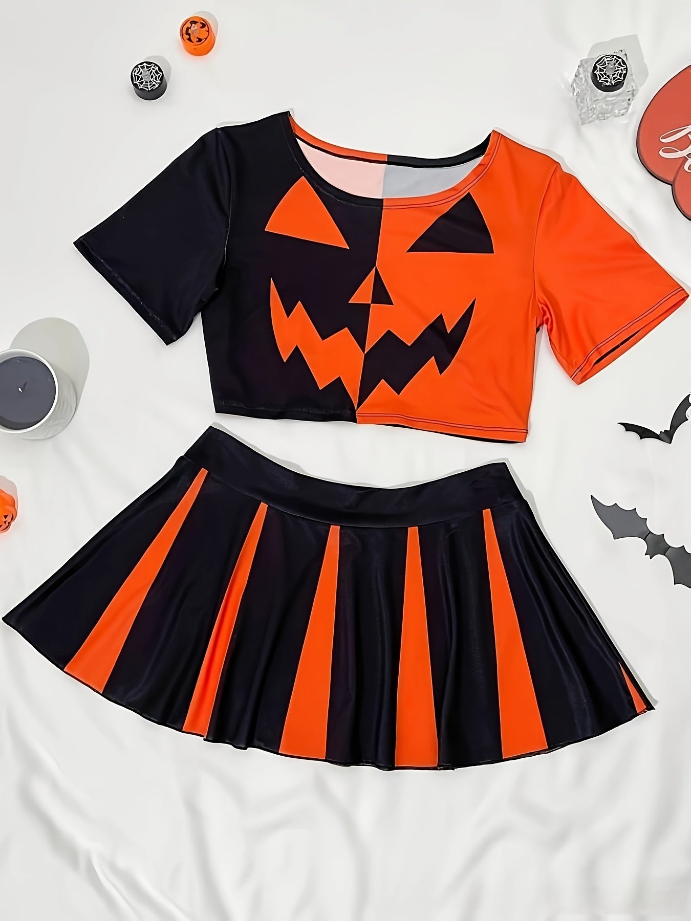 Pair of Funny Pumpkin Face Costume Women'S Sexy Lingerie Contrast Color Round Neck Short Sleeve Top Dress Set