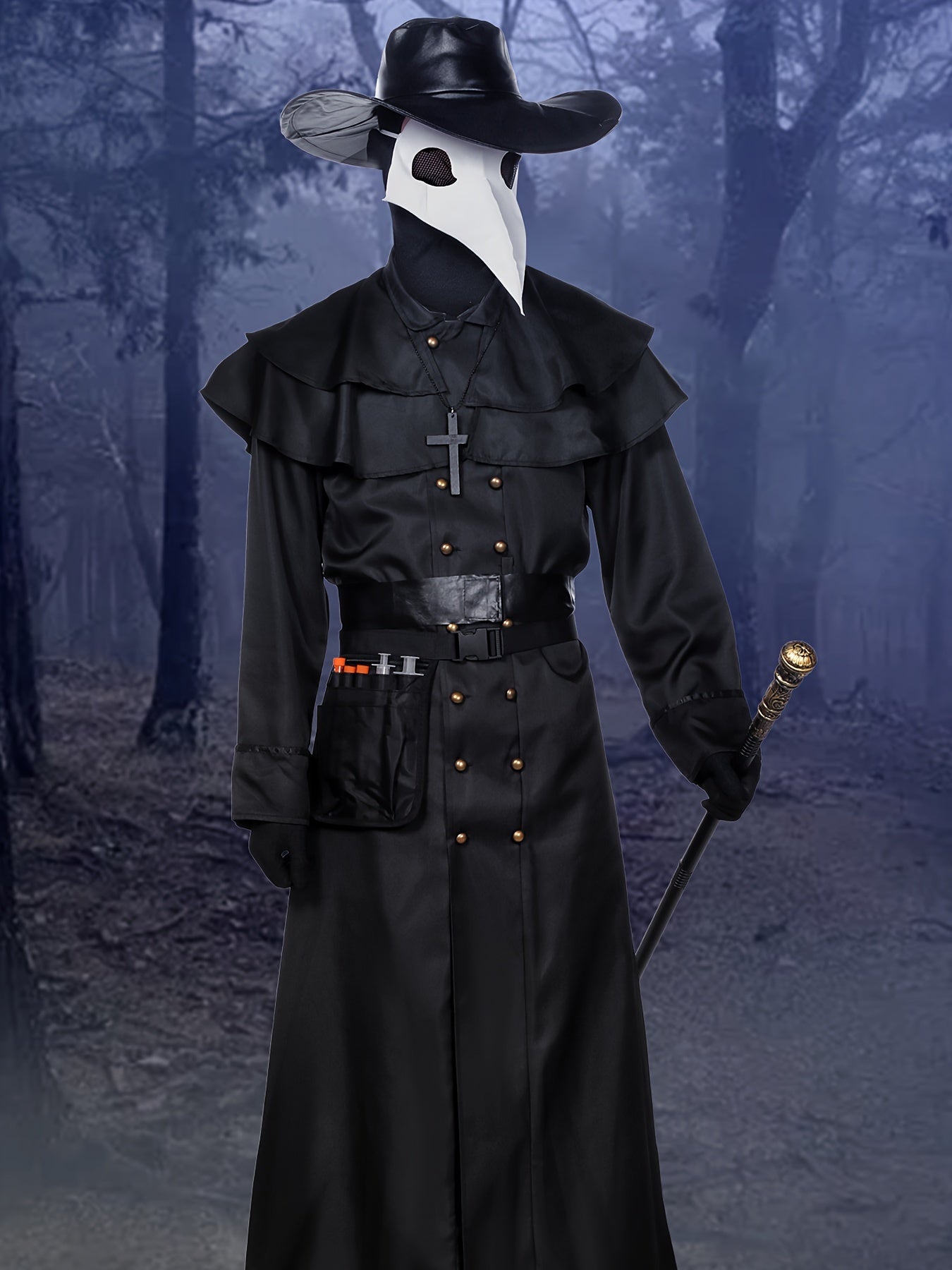 Adult Men'S Steampunk Plague Doctor Costume - Halloween Medieval Monk Priest Renaissance Party Outfit with Cape, Robe, Mask, and Accessories - Polyester 100% Solid Color with Stand Collar and Belt - Regular Fit Woven Fabric 1