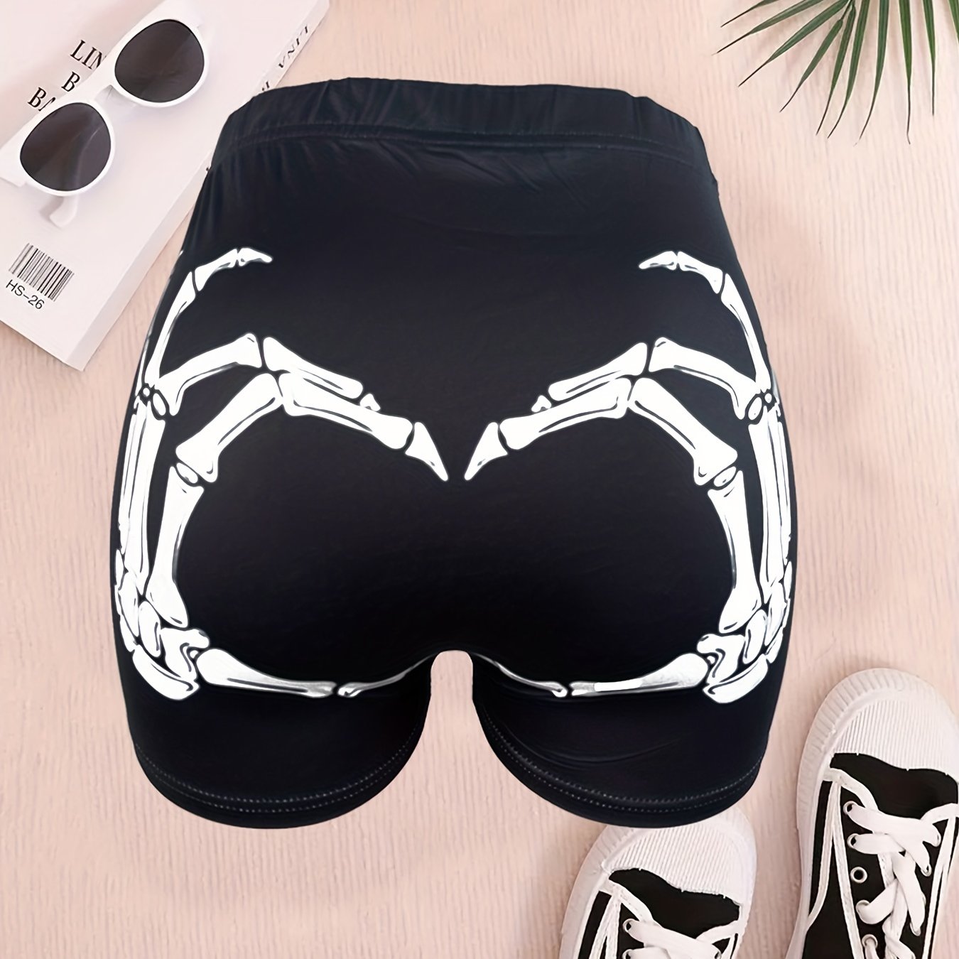 Skeleton Finger Print Skinny Shorts, Casual Shorts For Spring & Summer, Women's Clothing