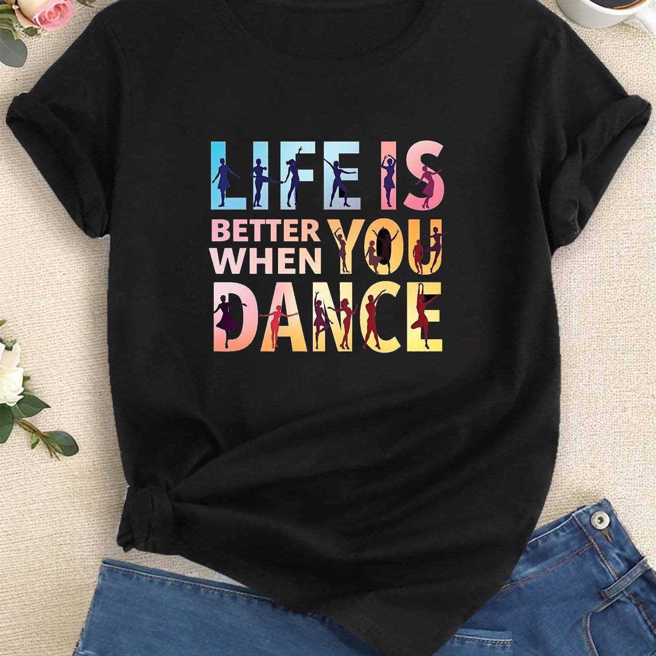 Women'S "Life is Better When You Dance" Graphic Tee - Casual Crew Neck Short Sleeve Top, Vibrant Geometric Print, Polyester Blend, Perfect for Spring & Summer, Dance Clothing